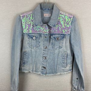 SUNSET & SPRING Sequined Cropped Denim Jacket